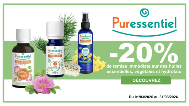 PURESSENTIEL -20% de remise imm&eacute;diate sur les huiles essentielles, v&eacute;g&eacute;tales et hydrolats